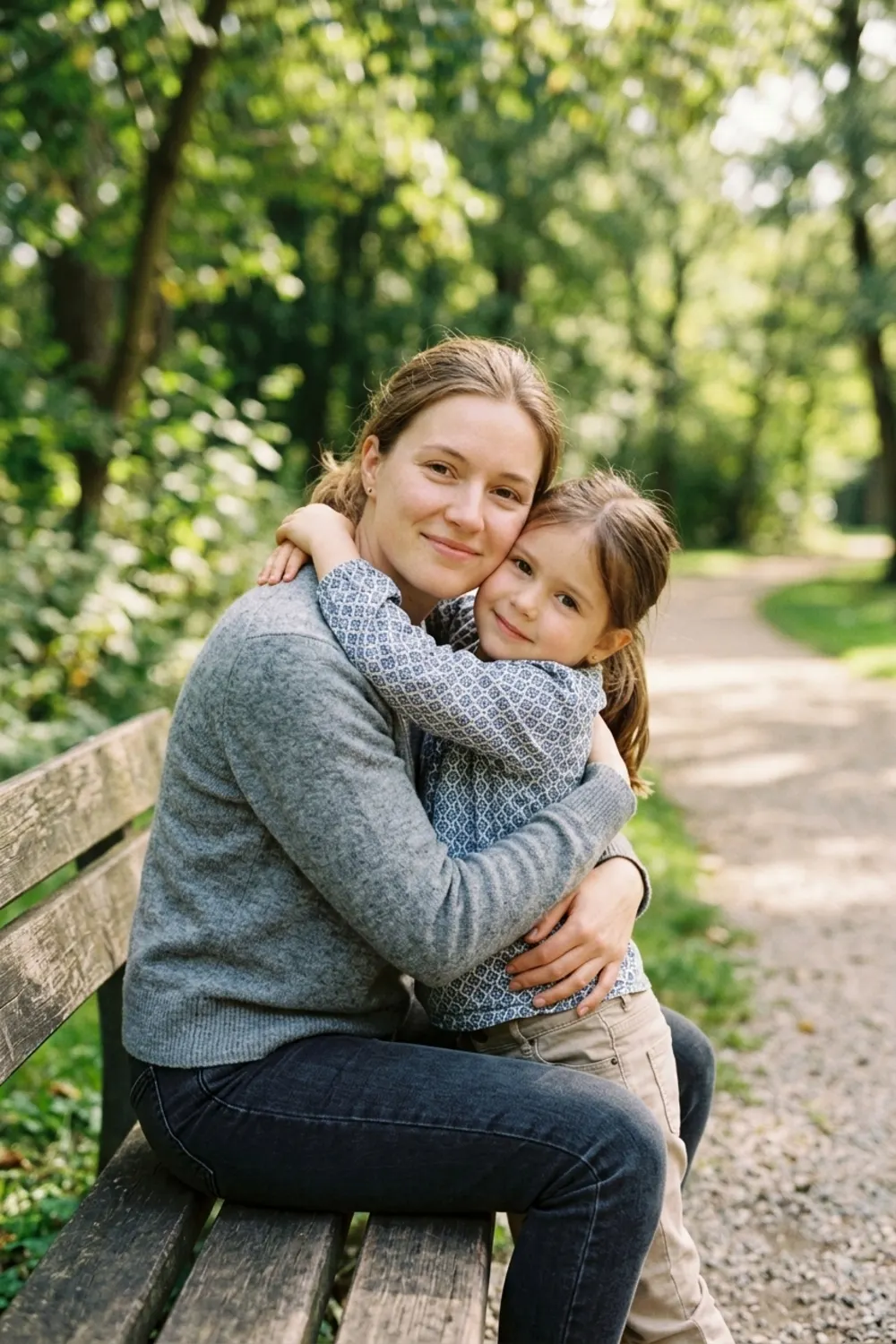 A person hugging their younger self while sitting close on a park bench