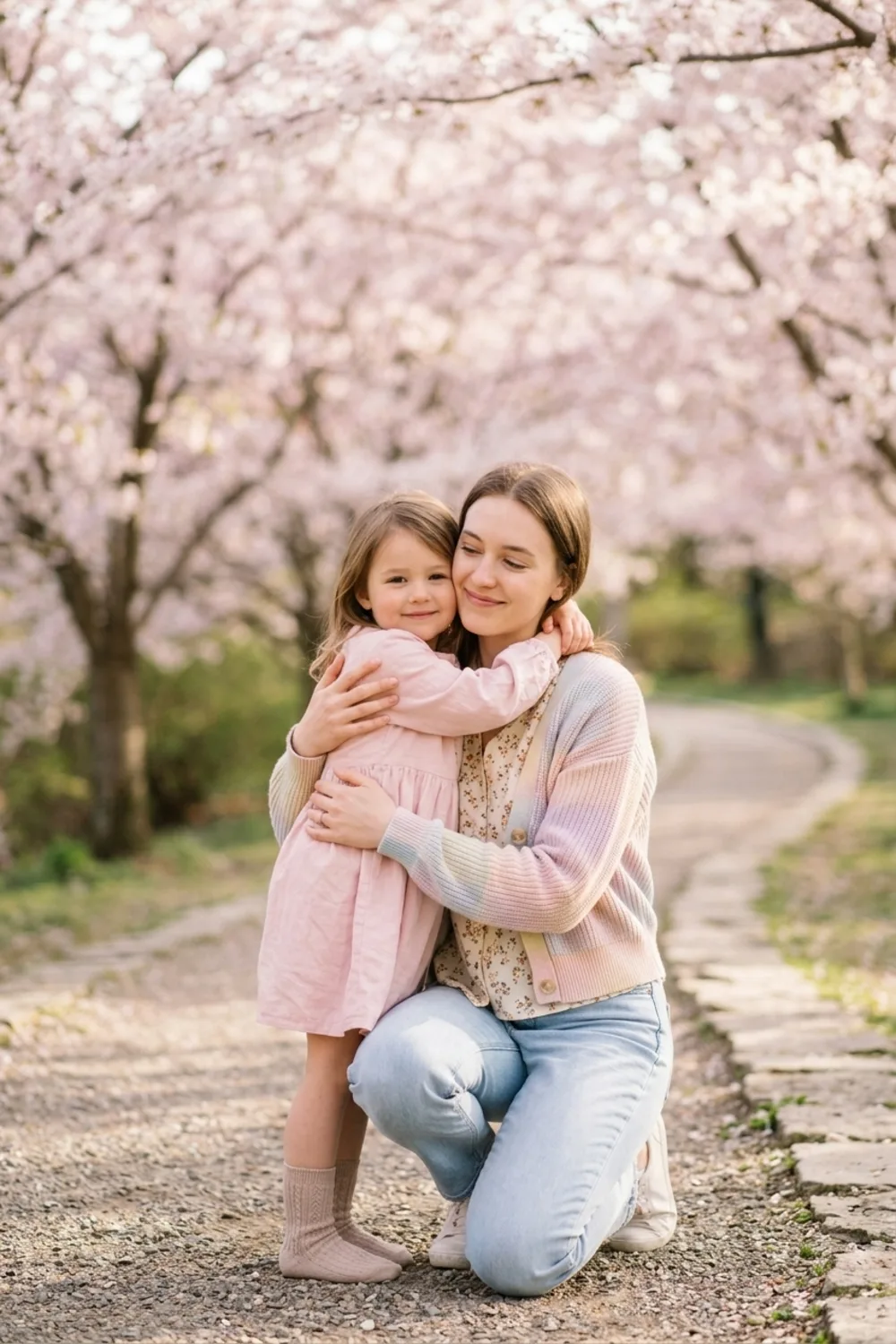 A person hugging their younger self under blooming cherry blossom trees