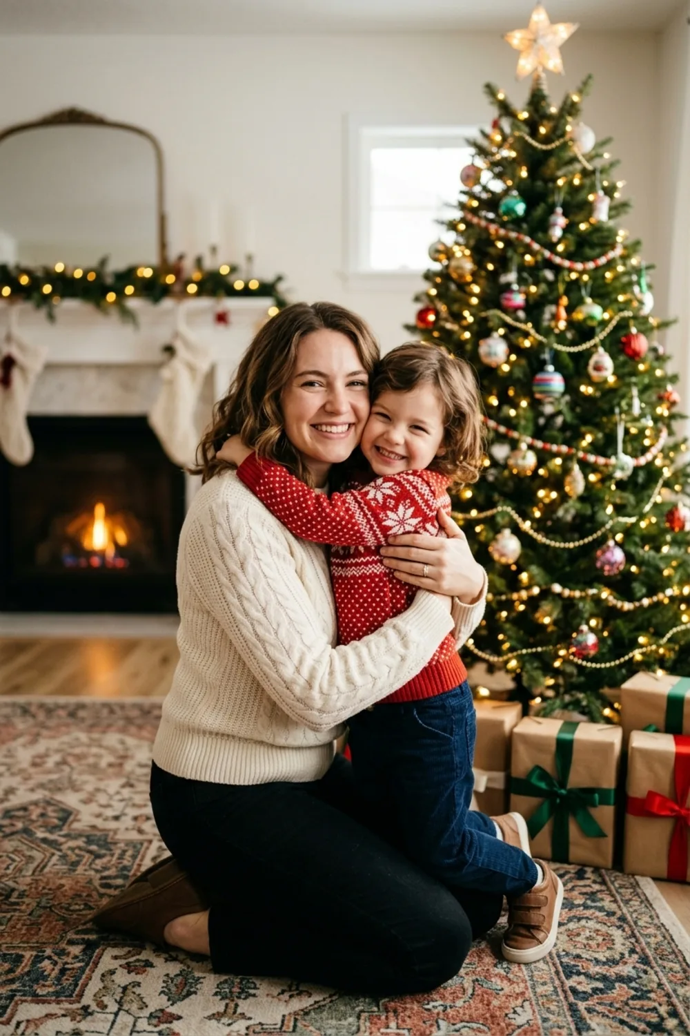 A person hugging their younger self beside a glowing Christmas tree