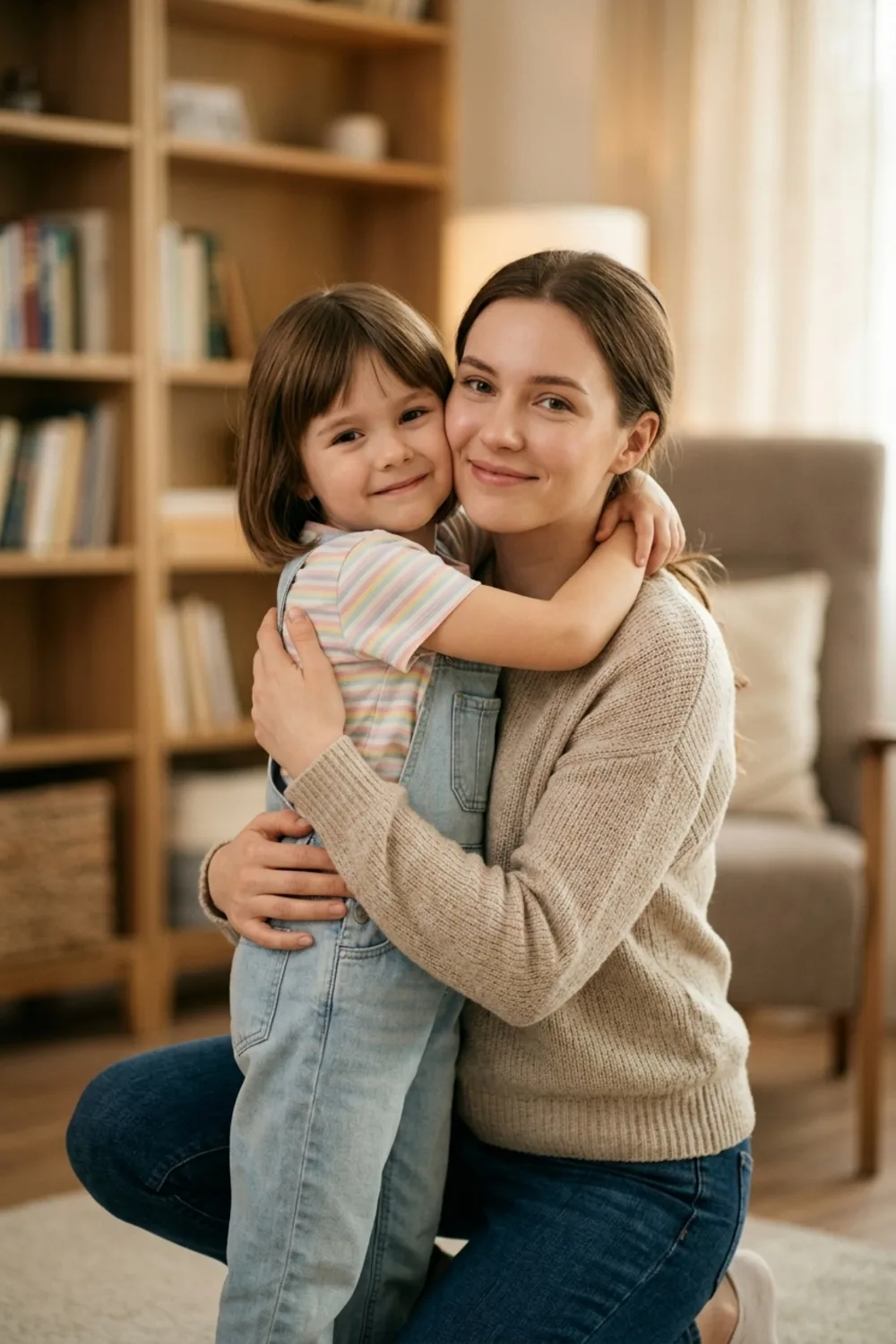 A person kneeling to comfort and reassure their younger self with a gentle hug