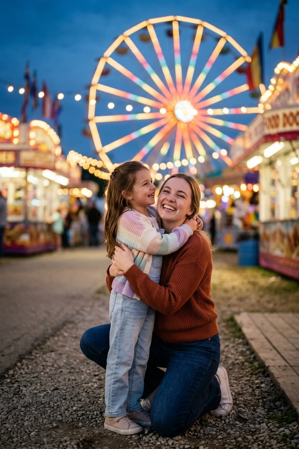 A person hugging their younger self on a carnival ride at dusk with glowing lights