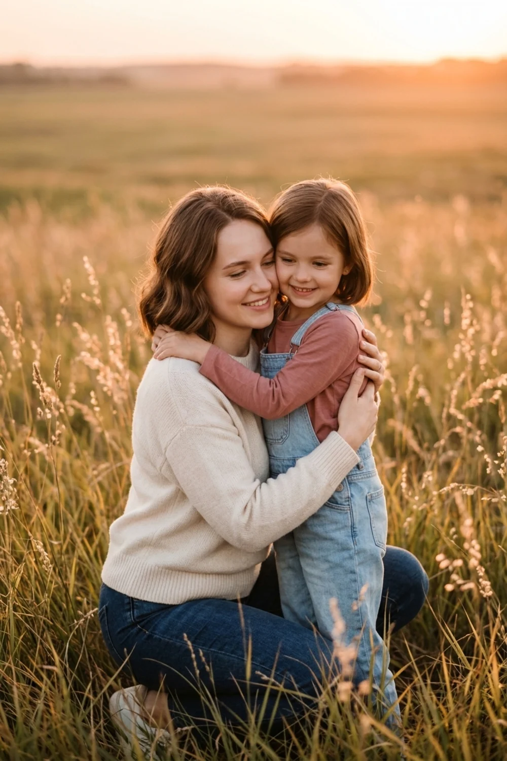 A person hugging their younger self in a field of tall grass at sunset