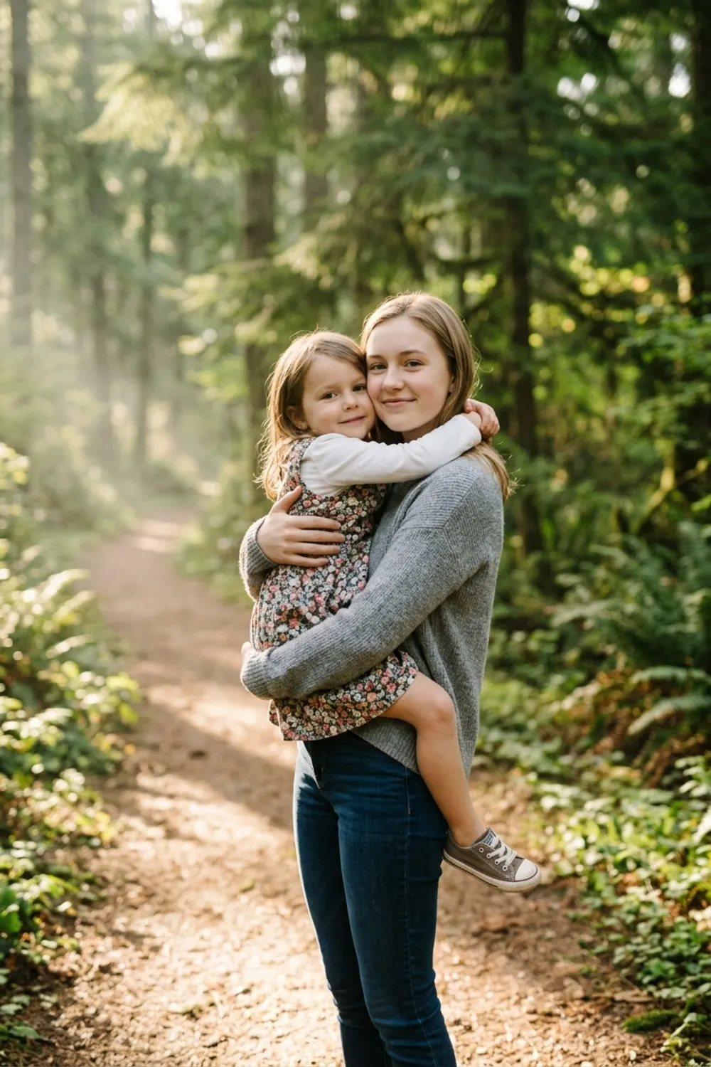 A person hugging their younger self on a sunlit forest path