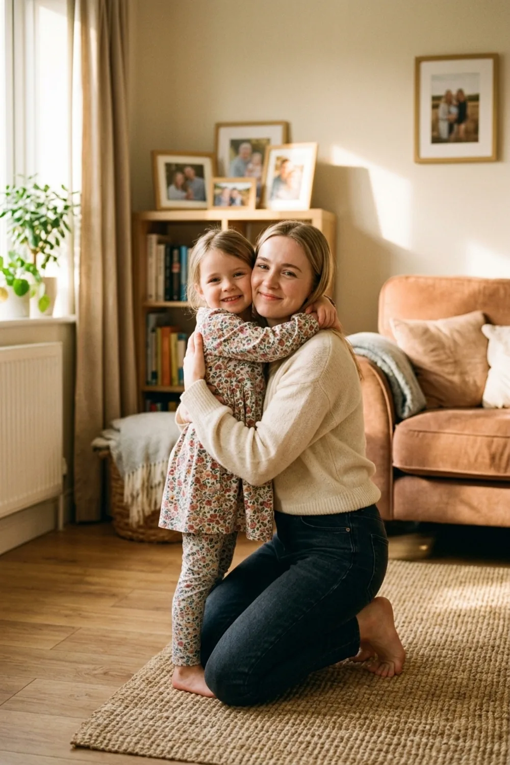 A person kneeling to hug their younger self in a cozy sunlit living room