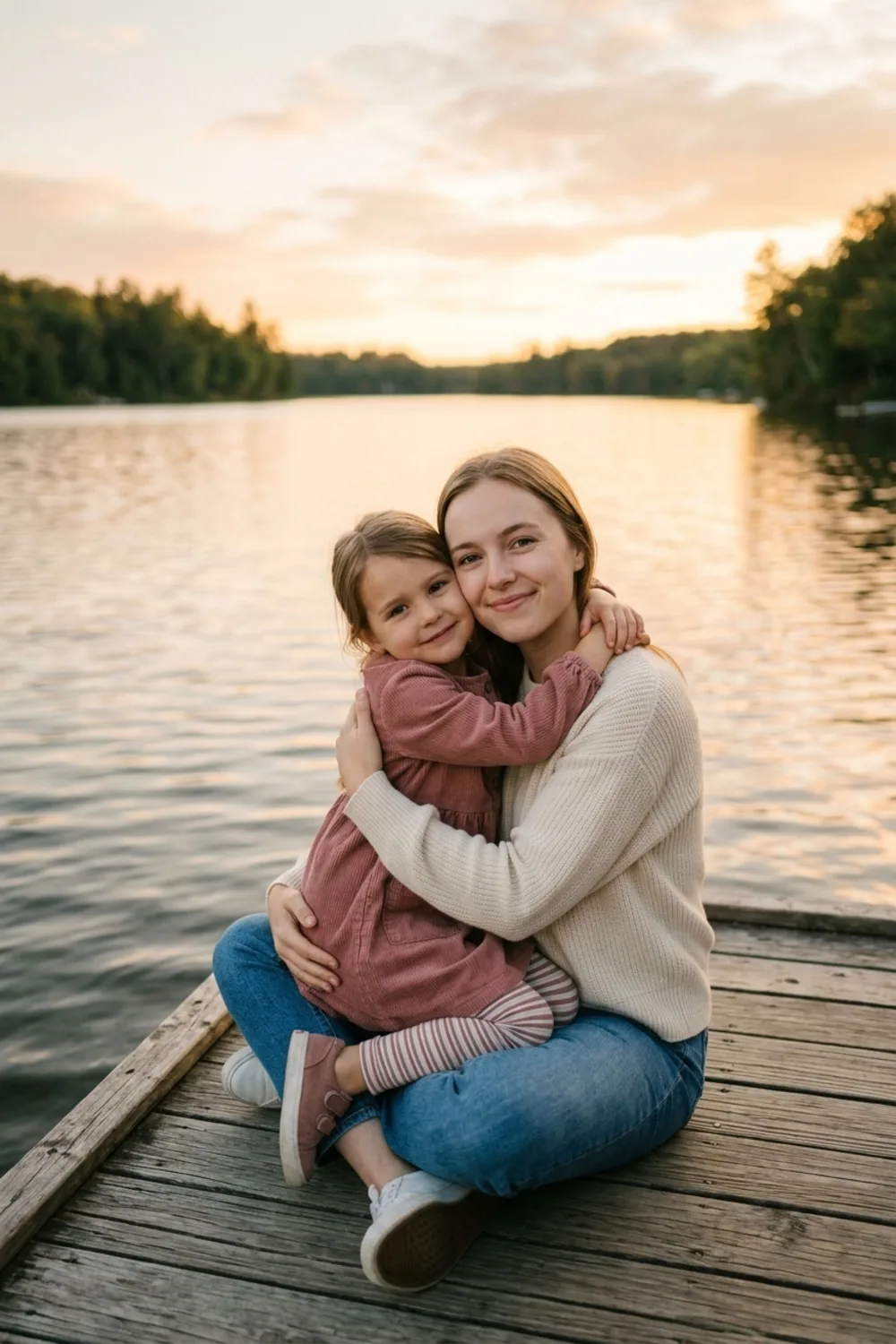 A person hugging their younger self on a wooden lake dock at golden hour
