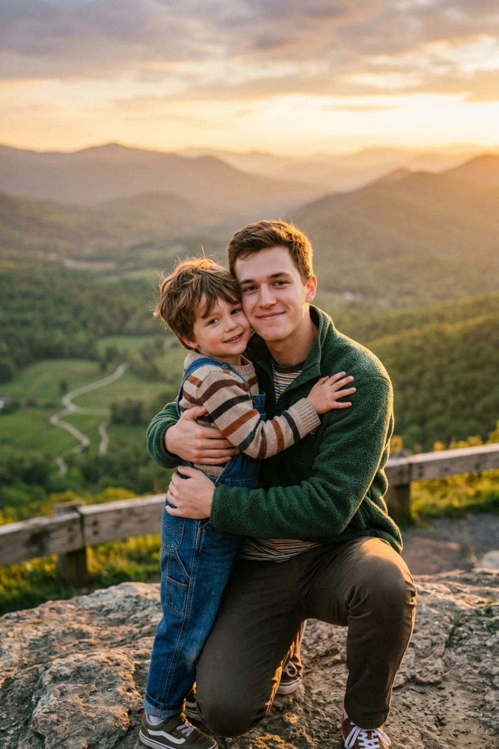 A person hugging their younger self at a scenic mountain overlook at golden hour