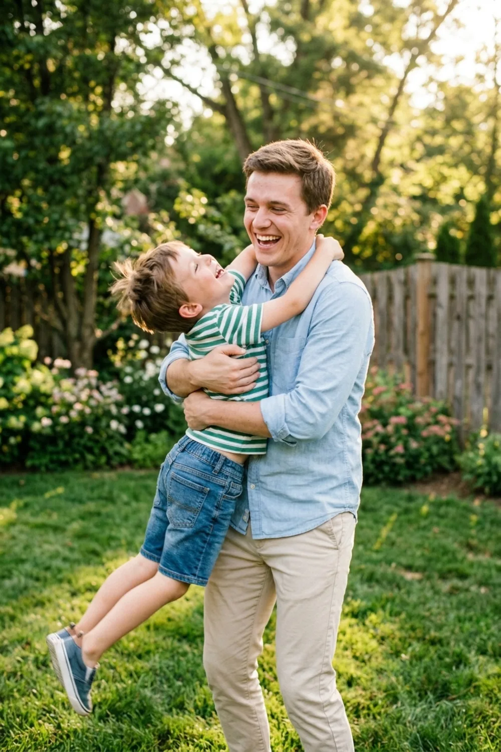 A person joyfully lifting and spinning their younger self in a hug