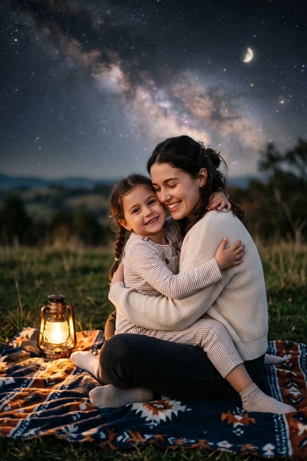 A person hugging their younger self on a blanket under a starry night sky