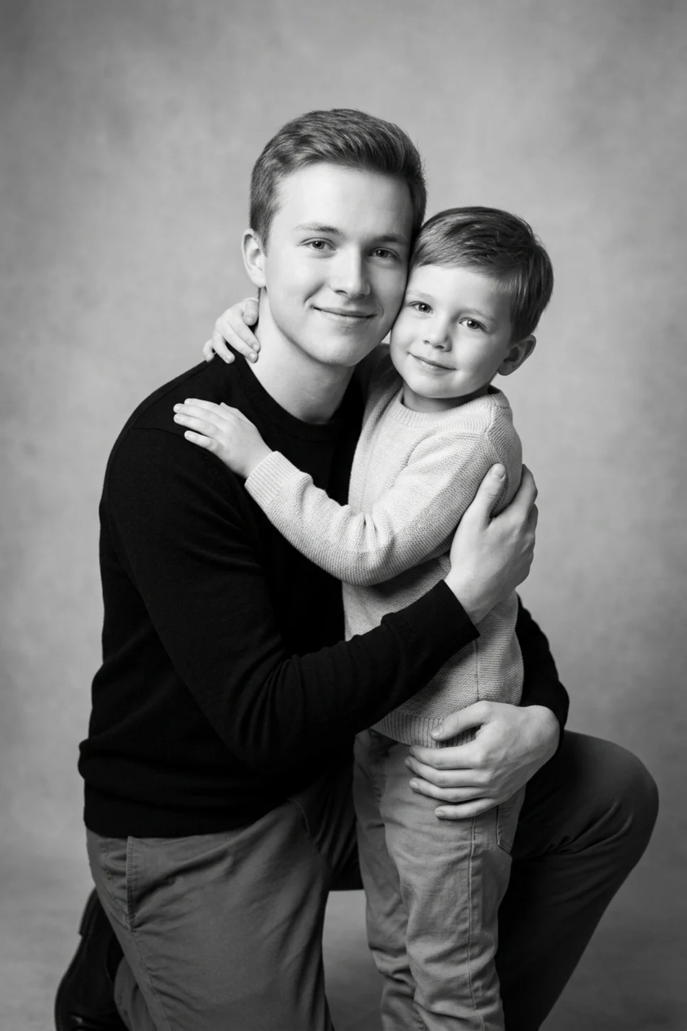 A timeless black-and-white studio portrait of a person hugging their younger self