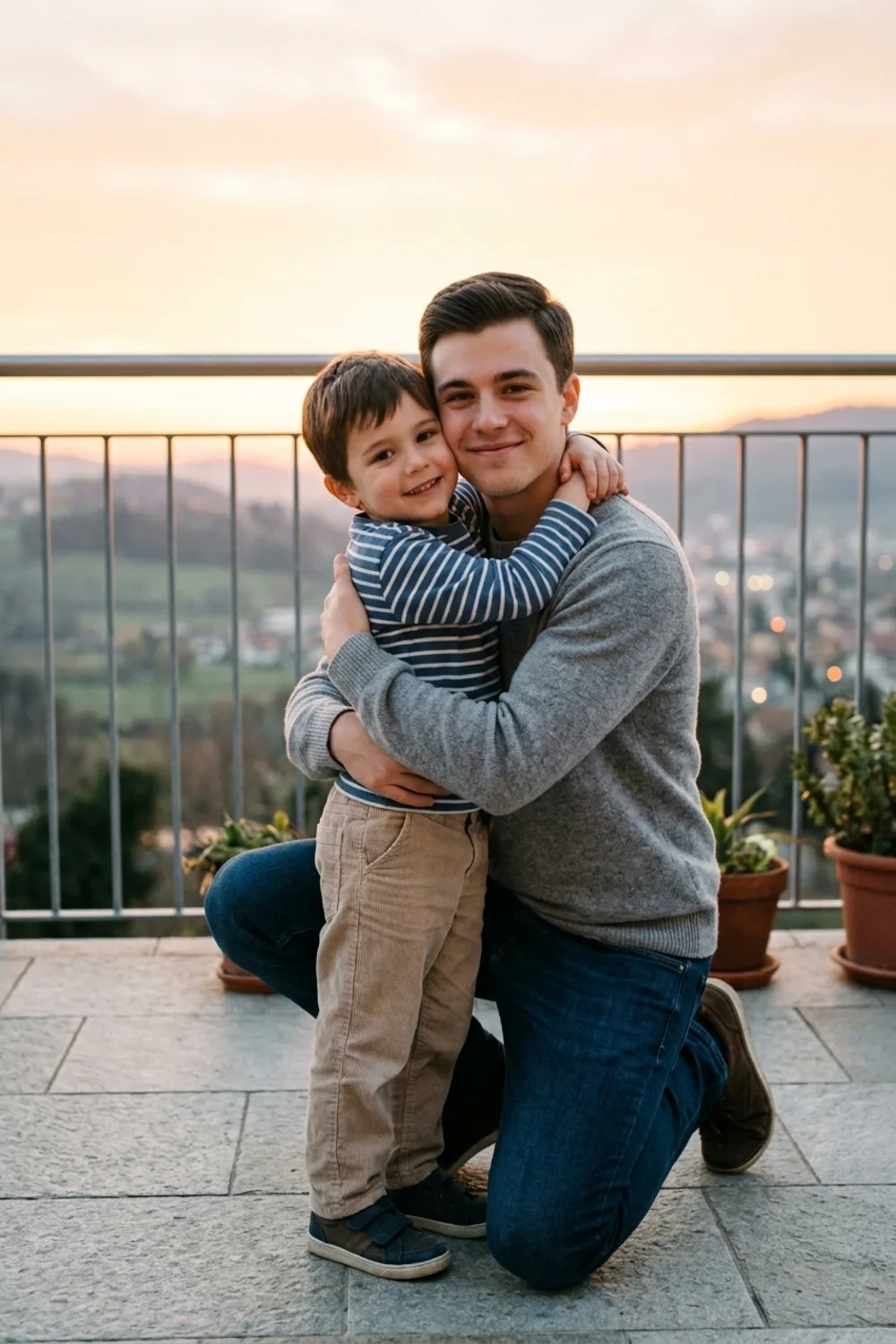 A person hugging their younger self on a balcony at sunrise