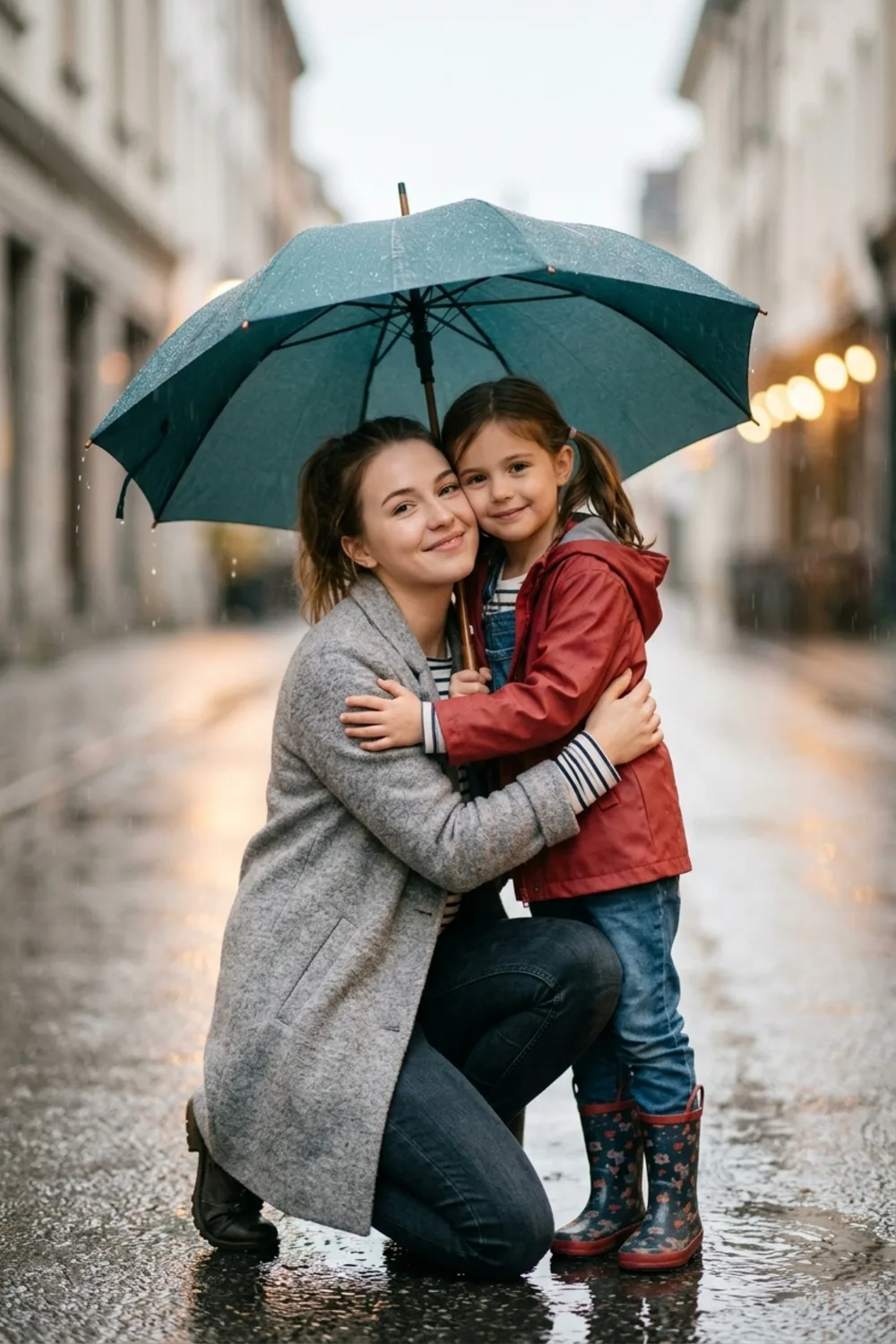 A person hugging their younger self under one umbrella in gentle rain