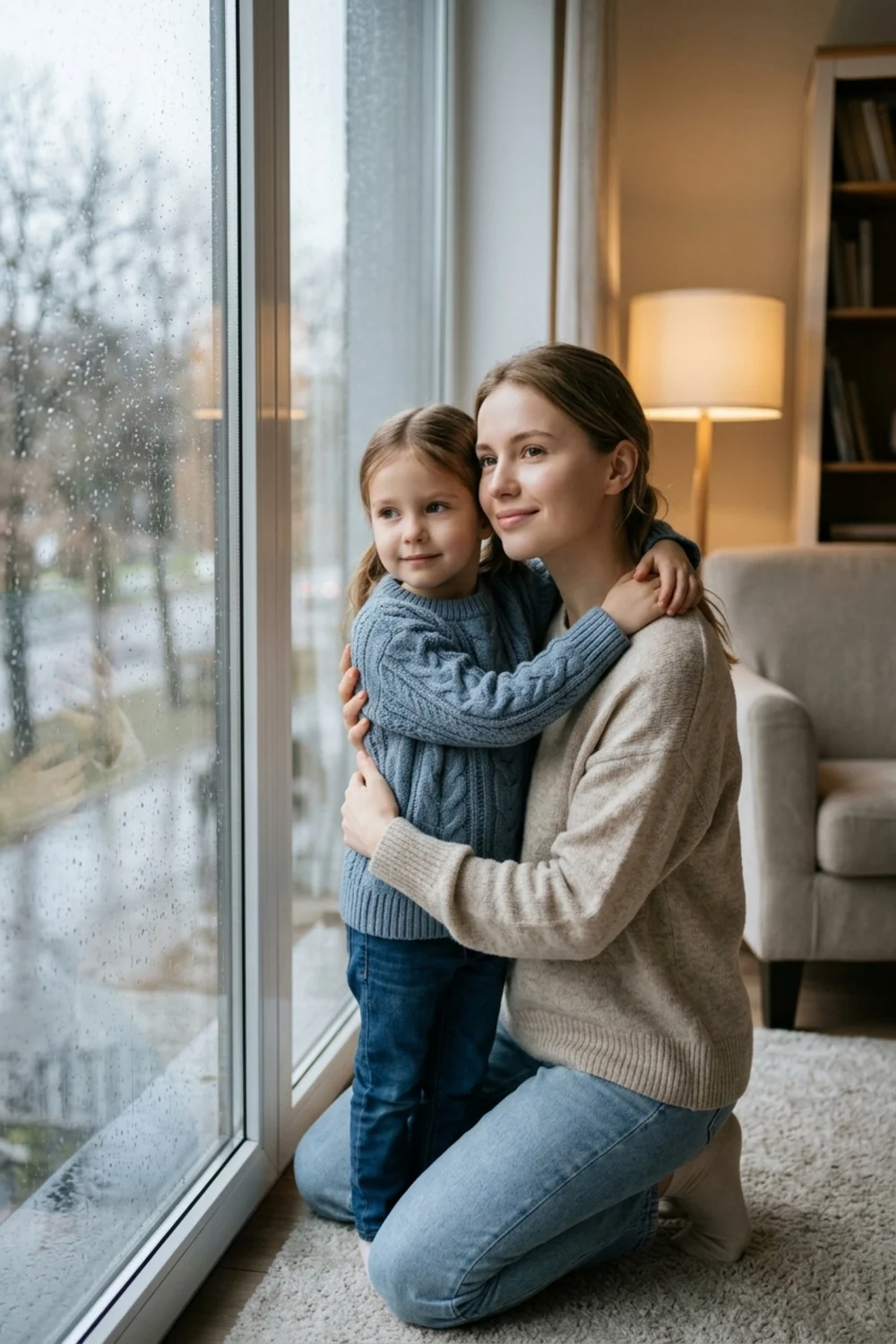A person hugging their younger self on a snowy street as snow falls