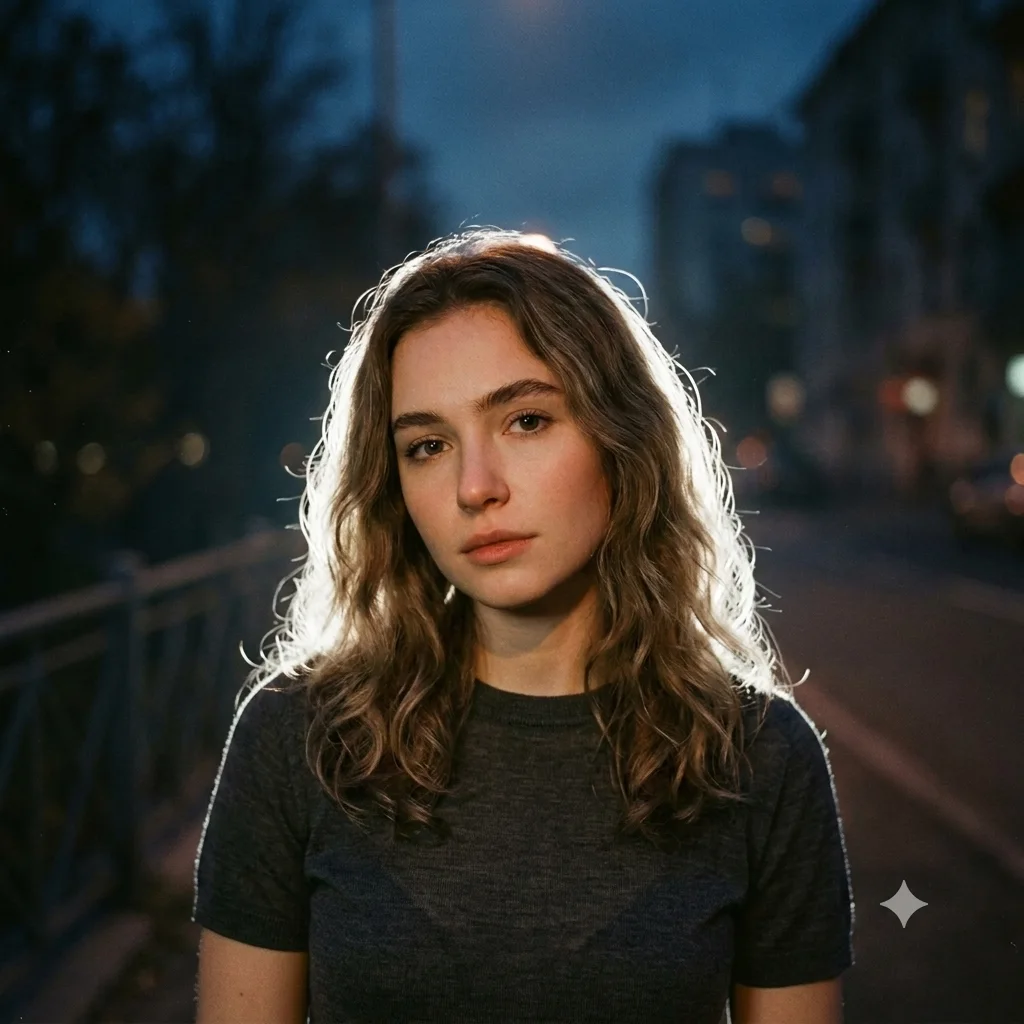 Moody lofi dusk portrait with a glowing white backlight behind the person
