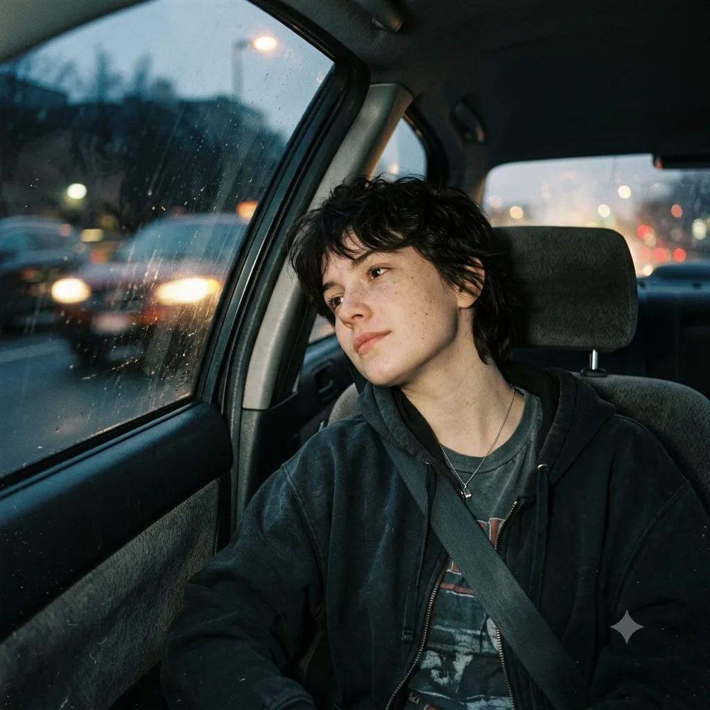 Lofi dusk portrait in a car passenger seat at dusk with soft window light