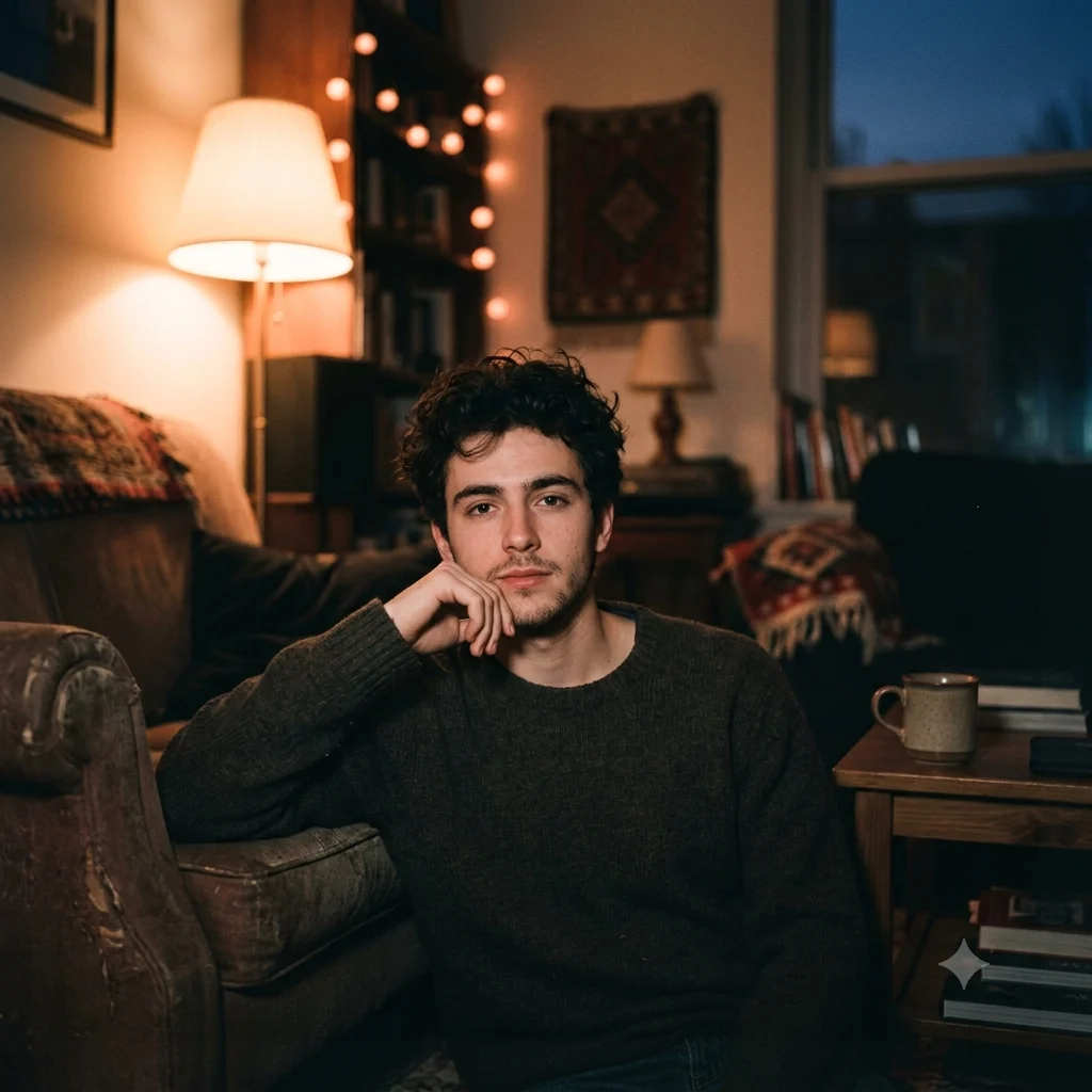 Lofi dusk portrait in a dim cozy room lit by a warm lamp glow