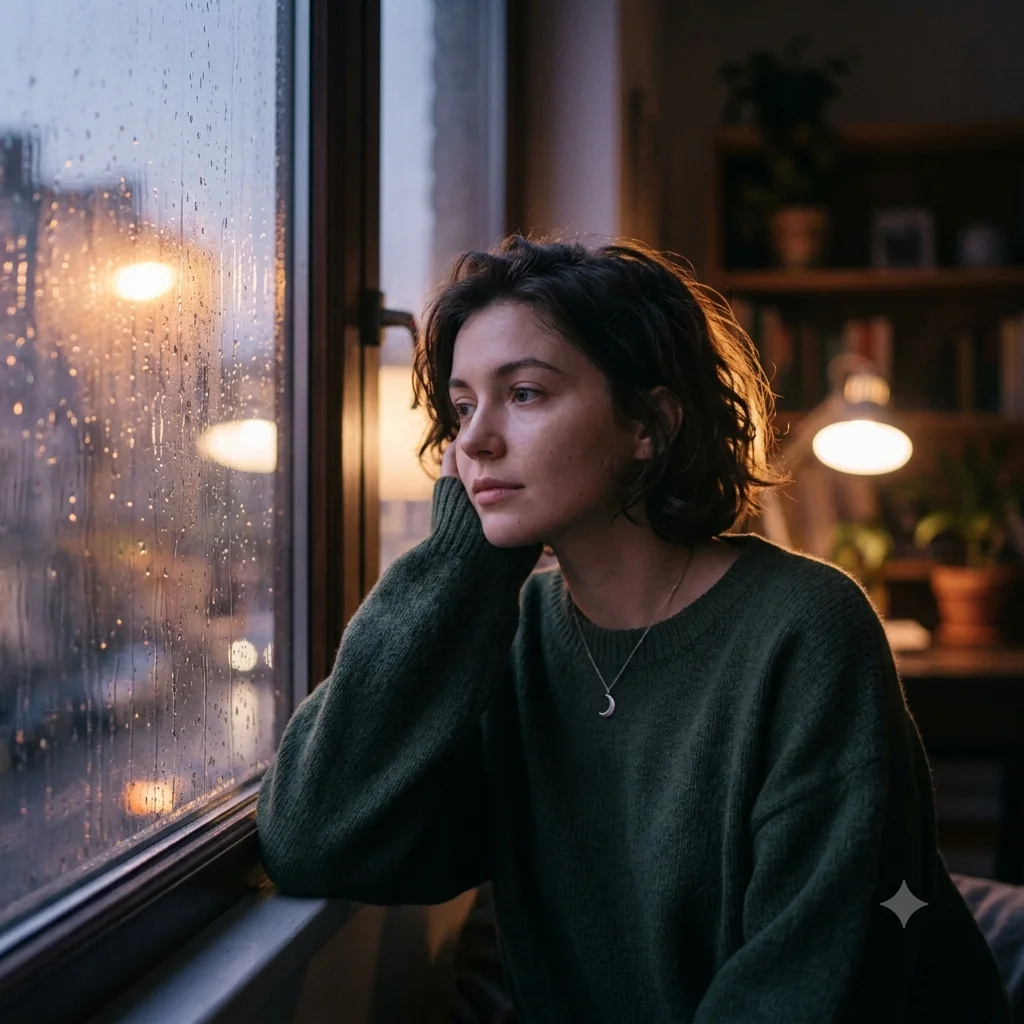 Lofi dusk portrait beside a rain-streaked window at dusk with soft glow