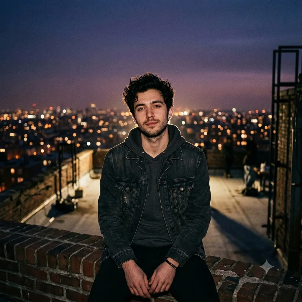 Lofi dusk portrait on a rooftop with a twilight sky and blurred city lights