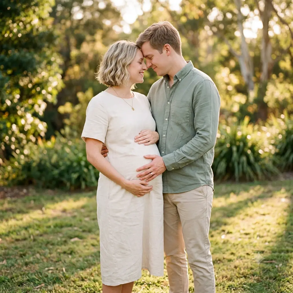 A couple maternity photo with a partner's hands resting on the baby bump