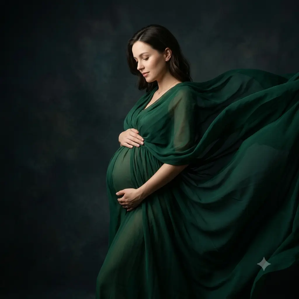 A fine-art maternity photo of a person draped in flowing fabric against a dark studio backdrop