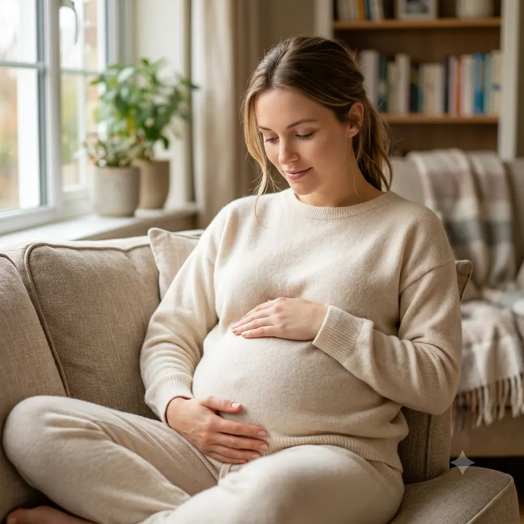 A cozy at-home maternity photo of a person by a window in soft natural light