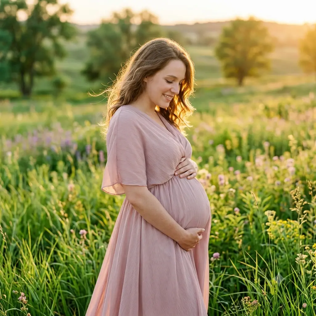 An outdoor golden-hour maternity photo of a person cradling their bump in a field