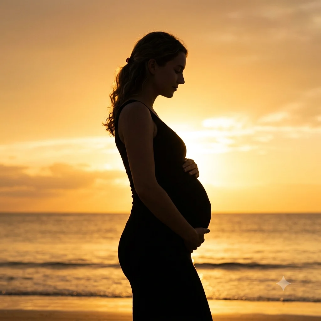A maternity silhouette of a person's bump against a bright glowing background