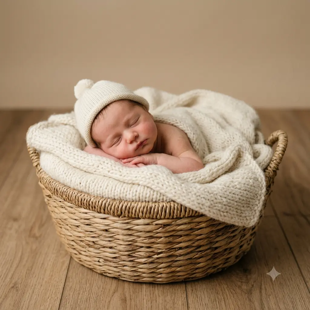 A newborn sleeping curled up in a soft basket lined with knit blankets