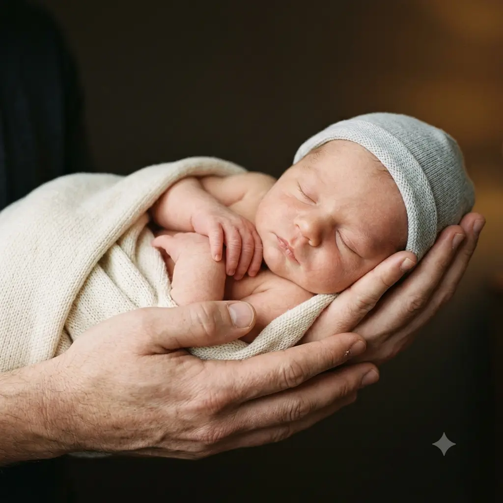 A newborn held in a parent's cupped hands against a soft dark background