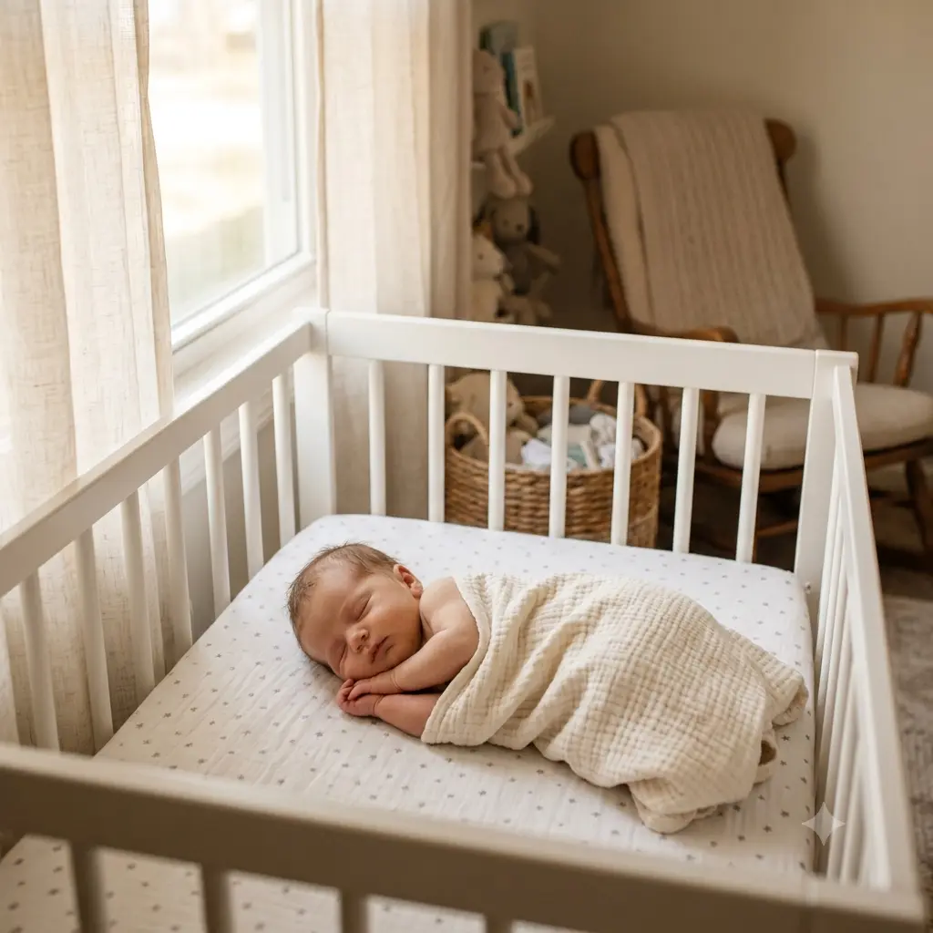 A lifestyle newborn photo of a baby resting in their nursery crib in soft window light