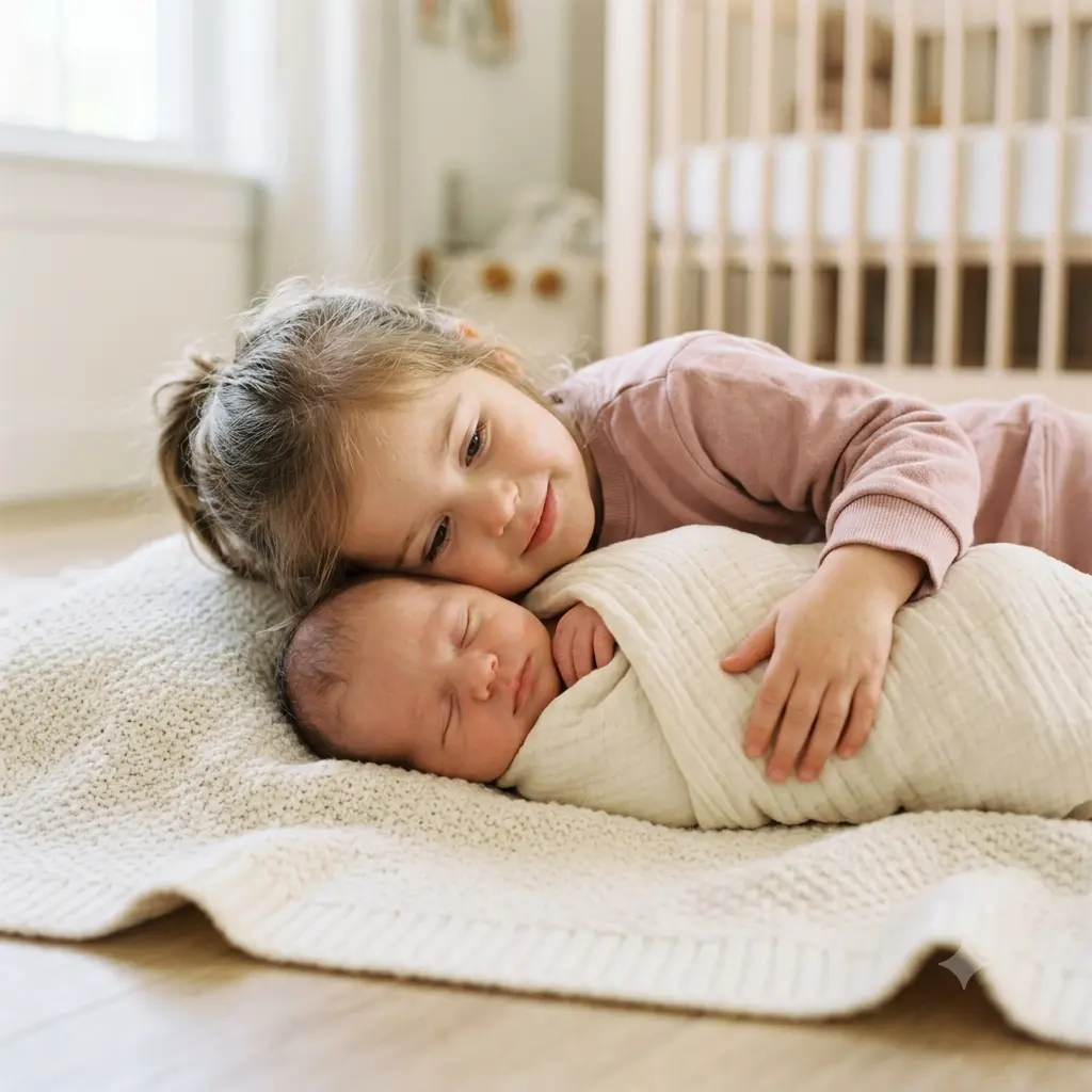 An older sibling gently snuggling a sleeping newborn on a soft blanket