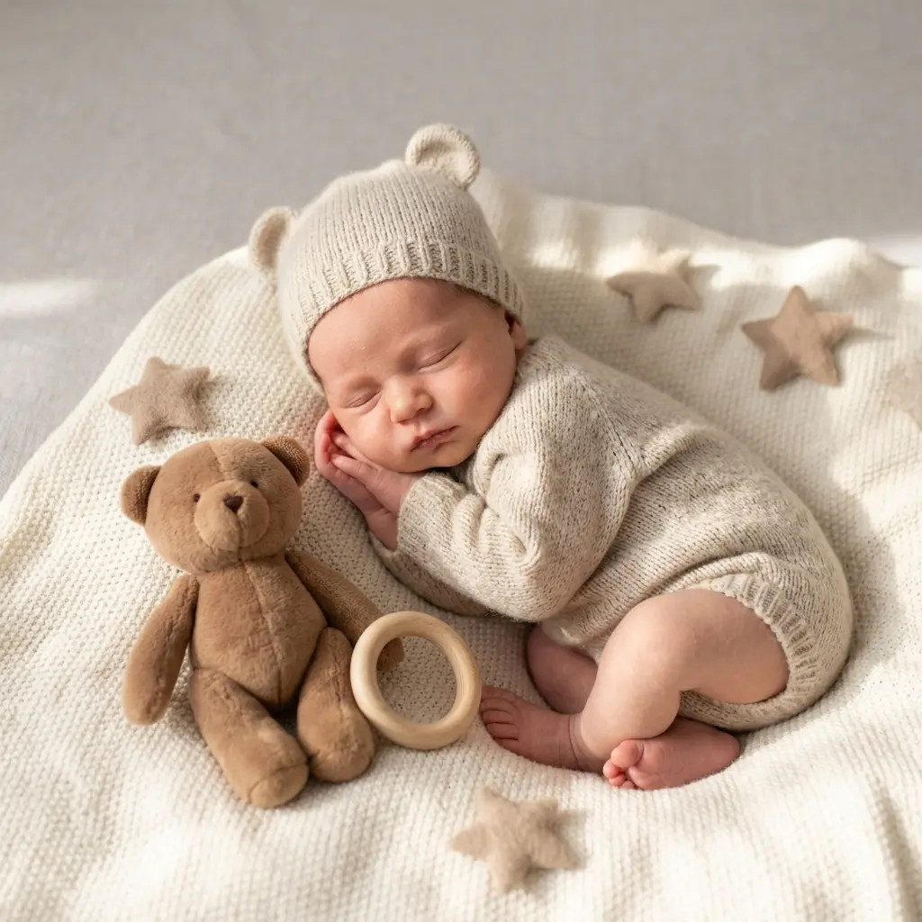A newborn in a cute bear themed setup with a soft plush in clean, modern styling