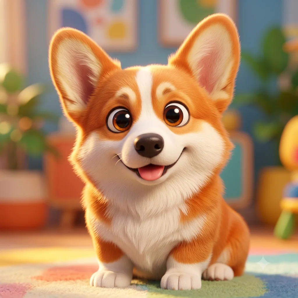 3D Pixar-style animated cartoon portrait of a corgi with big expressive eyes