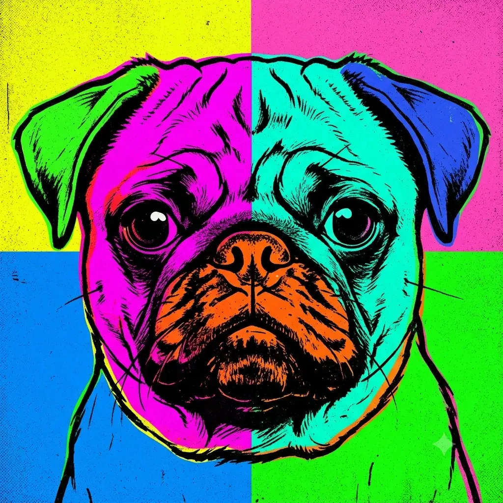Bold Warhol-style single-panel pop-art portrait of a pug in bright neon colors