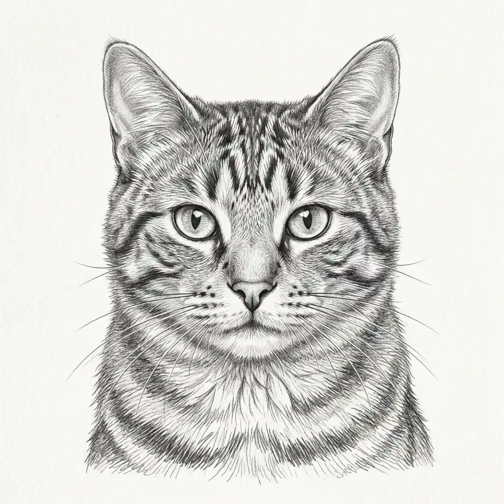 Detailed pencil sketch pet portrait of a tabby cat with soft graphite shading