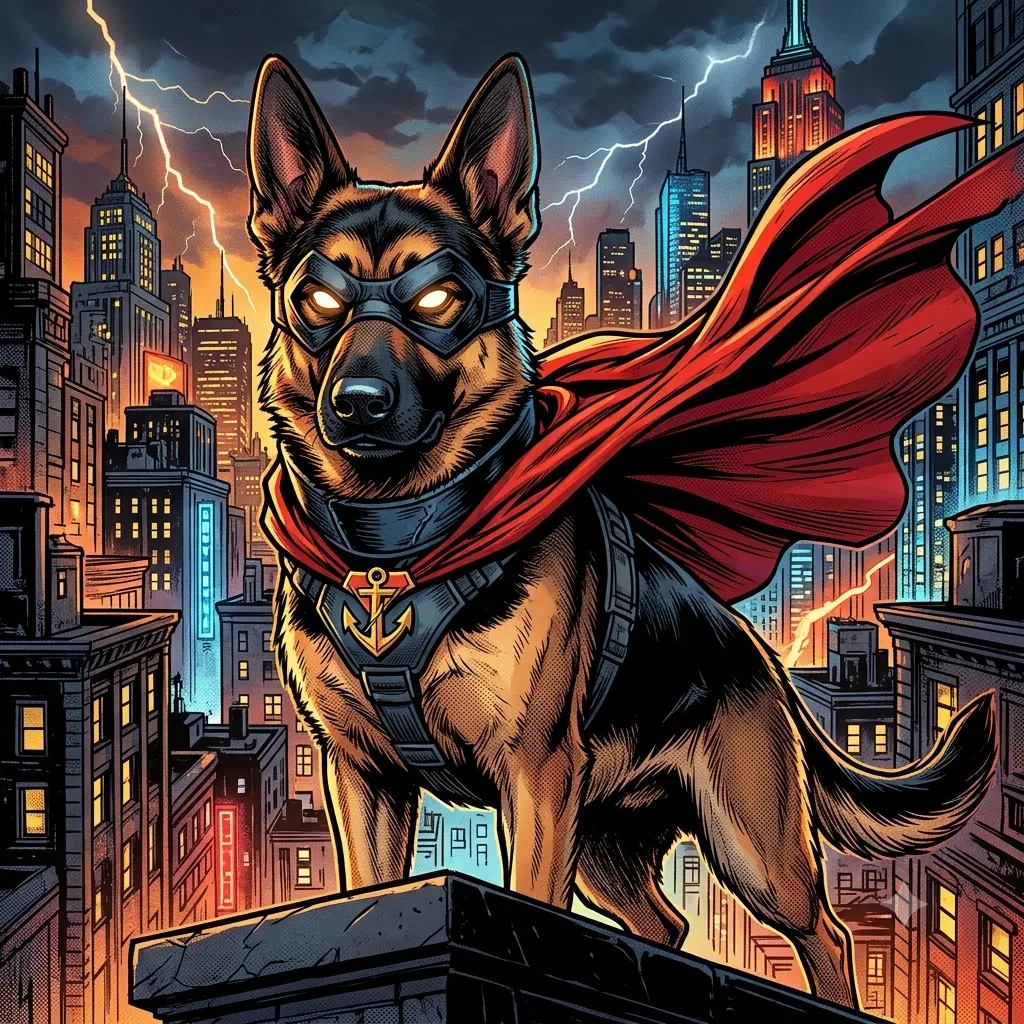 Comic-book superhero portrait of a german shepherd in a cape and mask