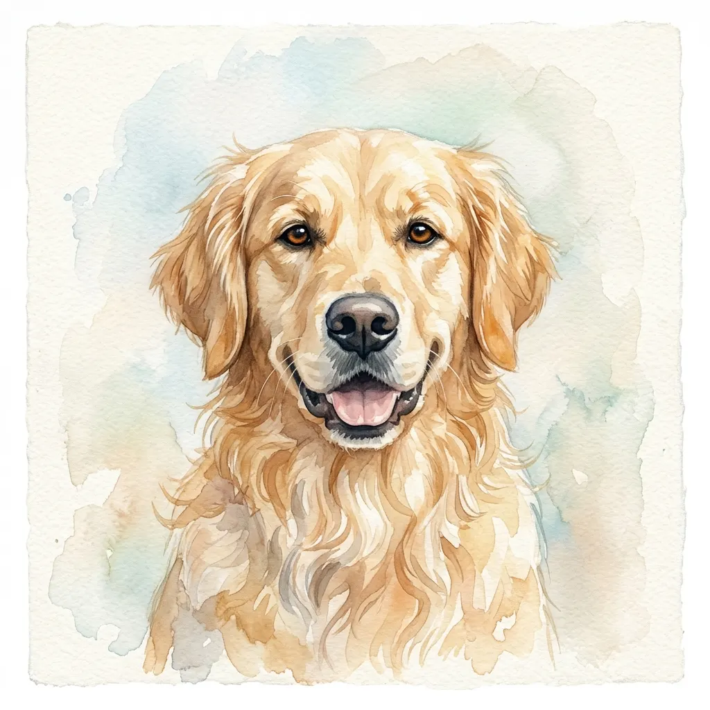 Soft watercolor pet portrait of a golden retriever with loose brushwork