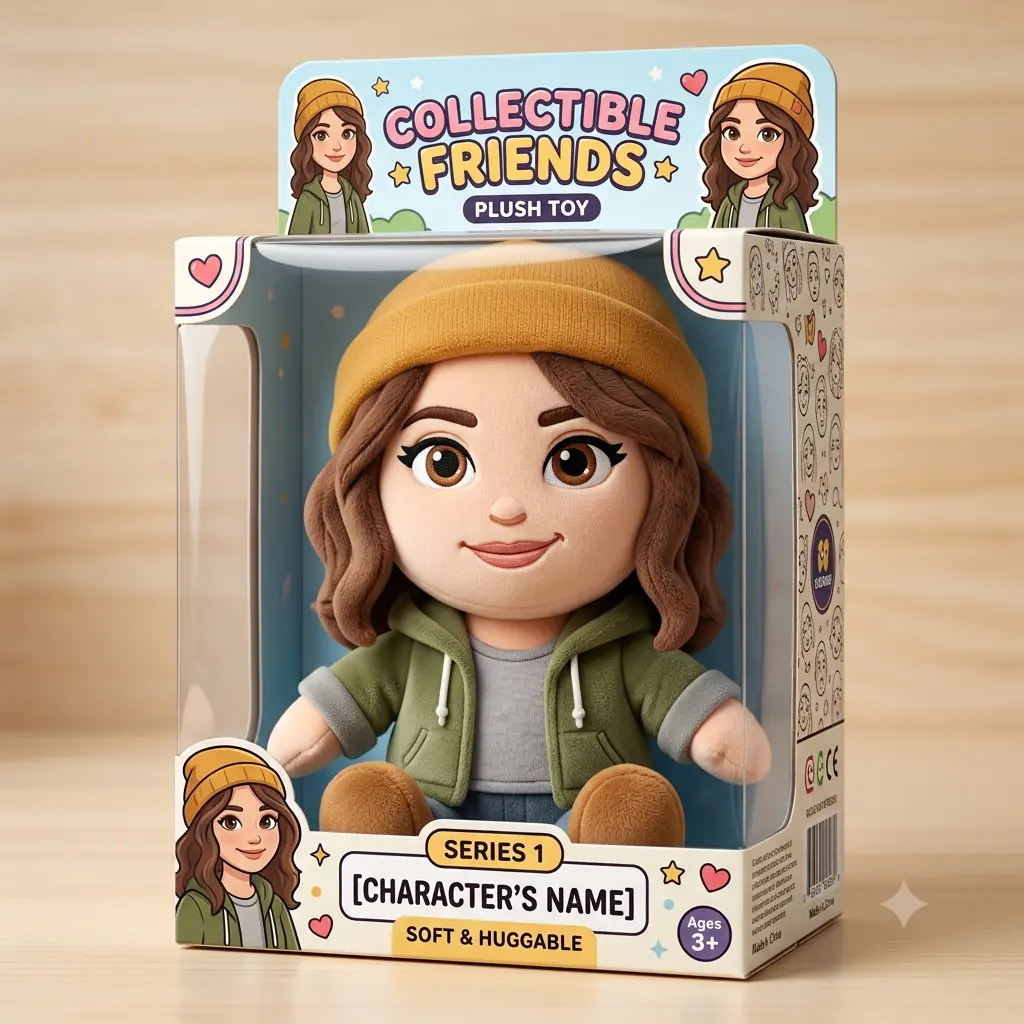 A plush toy of a person displayed inside collectible retail packaging