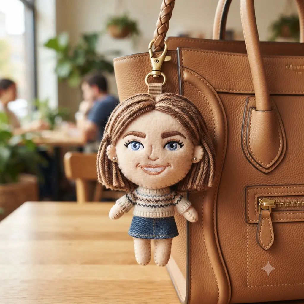 A mini plush charm of a person hanging from a stylish handbag