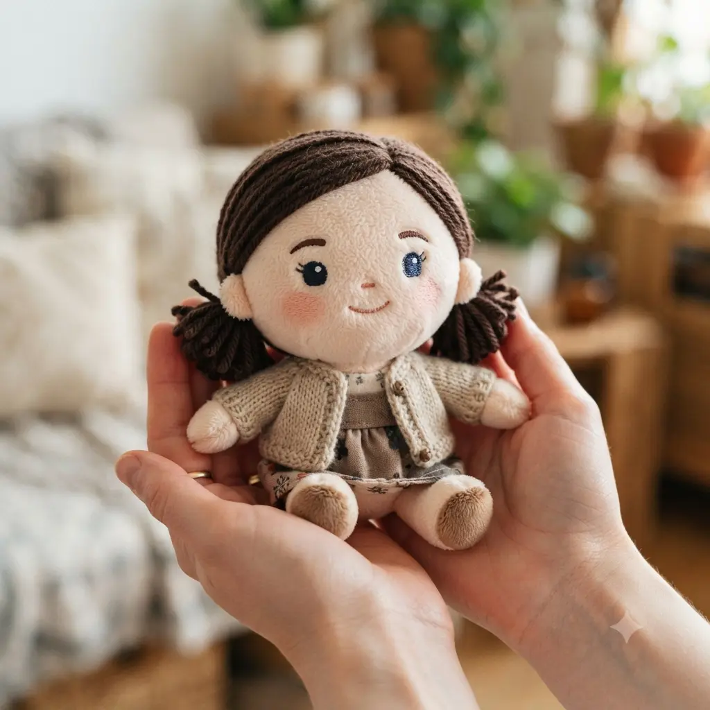 A person turned into a soft plush toy cradled in two hands