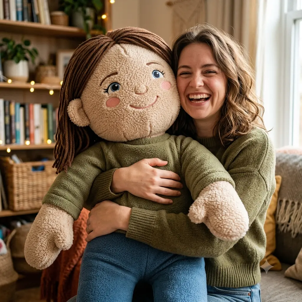 A person hugging a giant life-size plush toy version of themselves