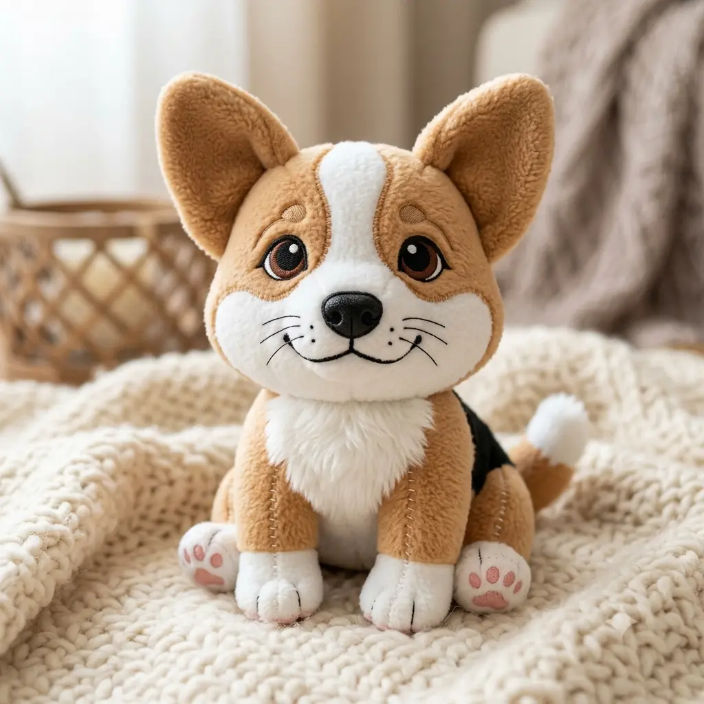 A pet turned into an adorable soft plush toy on a cozy surface