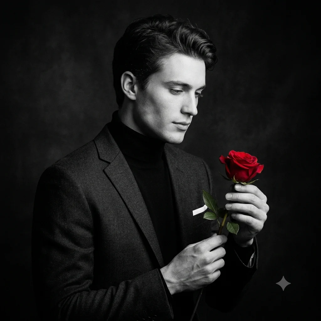 Elegant black-and-white portrait holding a single red rose as the only color