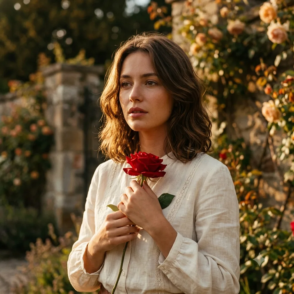 Romantic golden-hour portrait of a person holding a single long-stemmed red rose