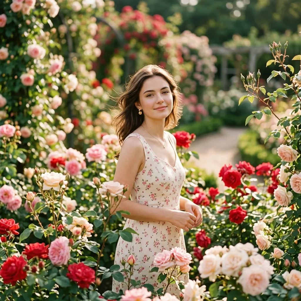 Dreamy portrait of a person standing in a blooming rose garden