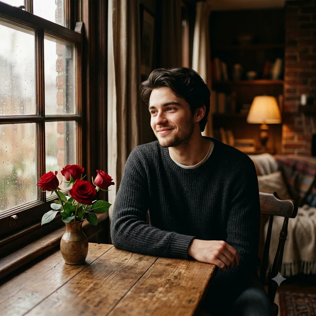 Intimate indoor portrait by a window with red roses on the table