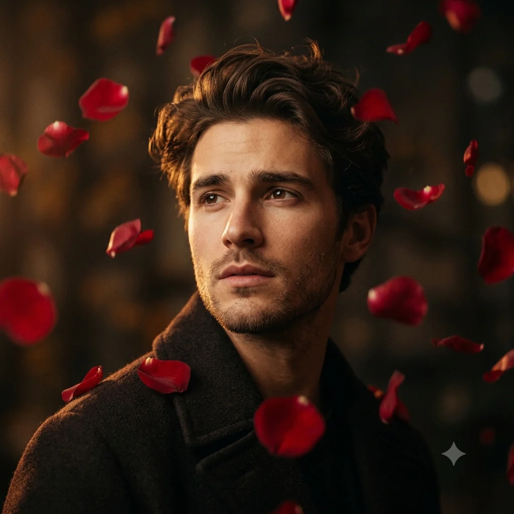 Dramatic cinematic portrait surrounded by falling red rose petals