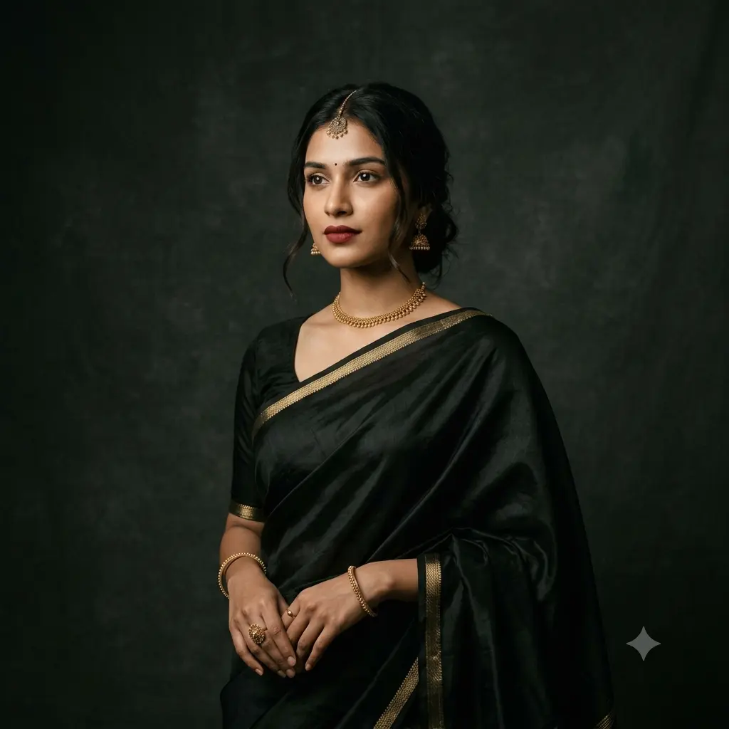 Elegant editorial portrait of a person in a black saree against a dark studio backdrop