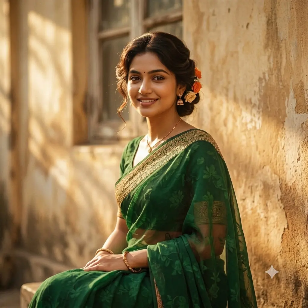 Vintage golden-hour portrait of a person in a flowing chiffon saree