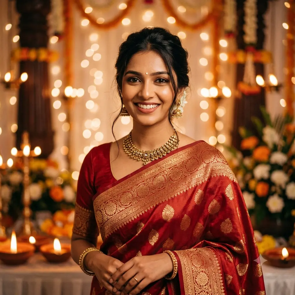 Warm festive portrait of a person in an elegant red and gold saree with soft festive lights behind