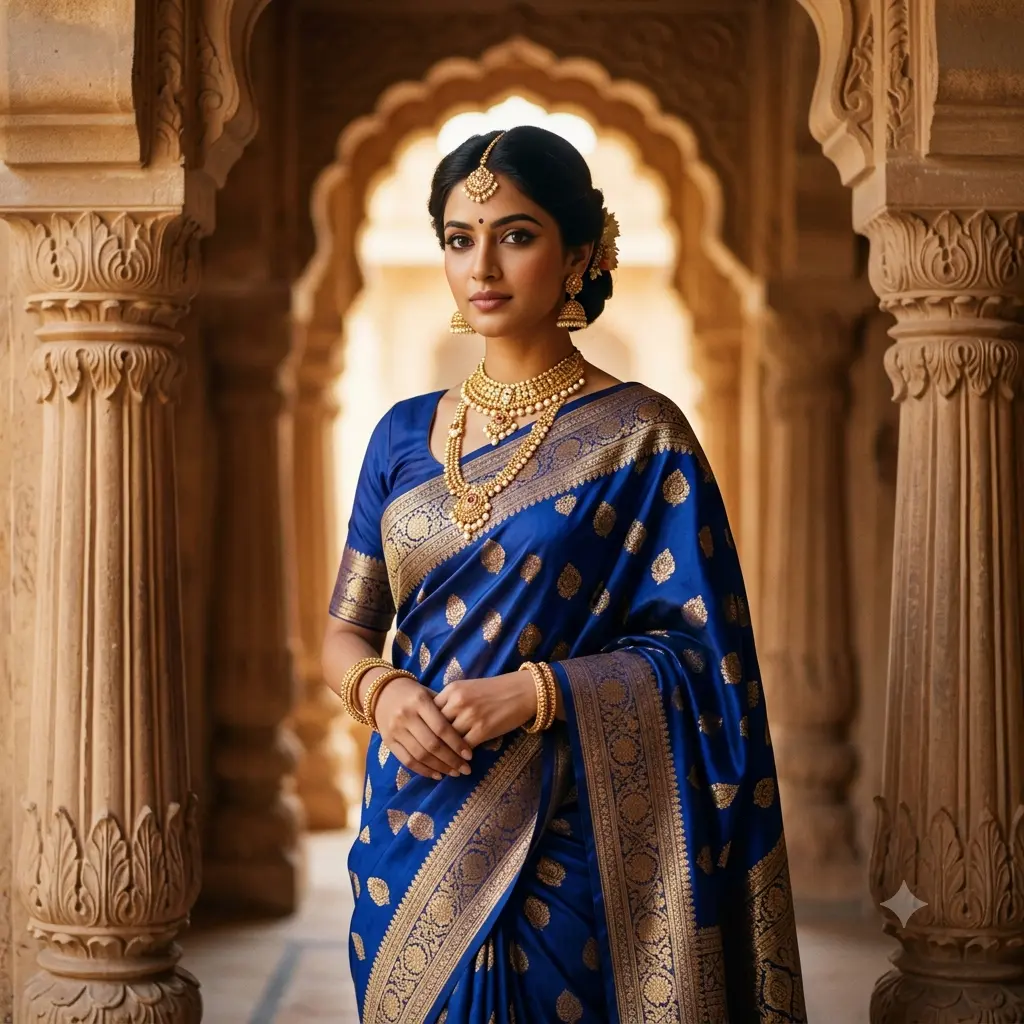 Regal portrait of a person in a royal silk saree inside an ornate heritage haveli
